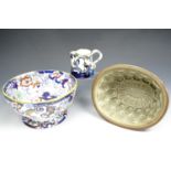 19th Century Ironstone footed bowl, a salt glazed jelly mould and a small jug with lustre glaze by
