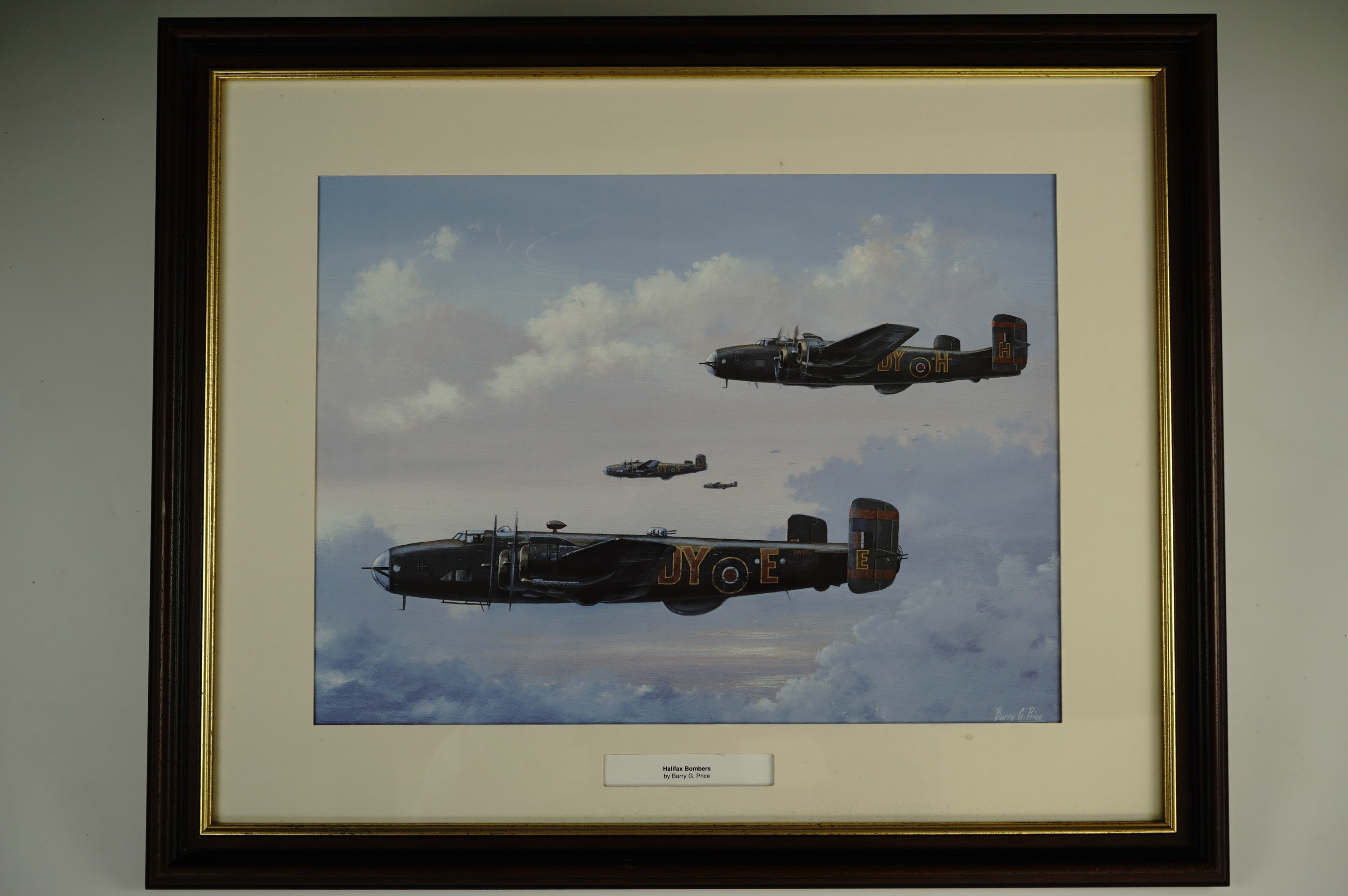 'Halifax bombers', four flying in formation, by Barry G. Price, oak framed and matted under glass,