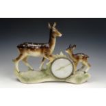 A 1960s Jemma of Holland kitsch ceramic mantel clock modelled a deer and faun, (a/f), 40 cm long