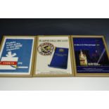 Three framed vintage cigarettes advertisements, 32 cm x 23 cm