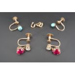 Two pairs of screw-back earrings marked 9 ct, one set with turquoise coloured stones, the second set