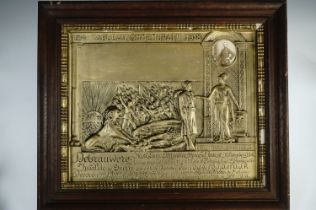 A Great War Belgian gilt plaster memorial plaque, in oak frame, 54 cm x 63 cm