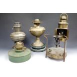 A Victorian oil lamp, a brass marine binnacle compass lamp, a Primus stove etc
