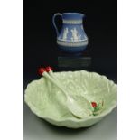 Carlton Ware leaf pattern salad bowl with servers, together with a Wedgwood blue jasper jug.