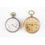 An Edwardian lady's silver fob watch, together with a brass cased example, (a/f)