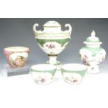 Three Dresden cups, lidded jar etc