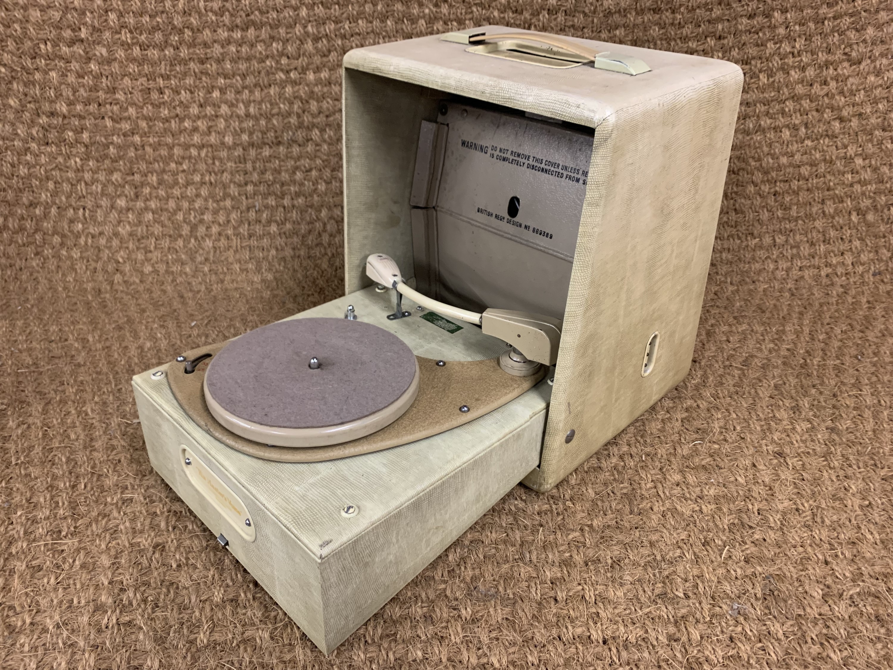 An HMV 1950s portable radio and turntable, model number 1507, AM radio with fold out turntable at - Image 2 of 2