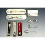A silver teaspoon, an electroplate feeding spoon and pusher, two Masonic spoons and pickle fork etc