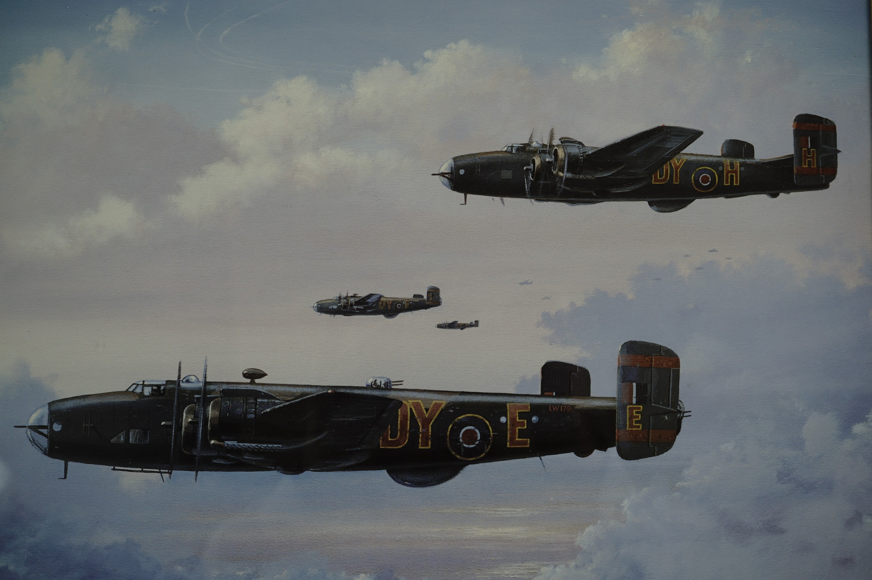 'Halifax bombers', four flying in formation, by Barry G. Price, oak framed and matted under glass, - Image 2 of 2