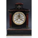 Victorian black slate and rouge marble mantle clock, having rouge corner pilasters supporting a