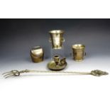 Two 19th century brass mortars, with a 19th century brass chamber stick, a cowbell, and a