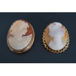 A 9 ct gold mounted Italian shell cameo pendant brooch together with one other, similar, mounted