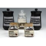 Two large ceramic 'Vintage Tobacco' jars together with two cork topped pipe tobacco jars and another