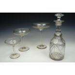 Three large Victorian hand blown glass tazzas together with a cut glass decanter, tallest 30 cm