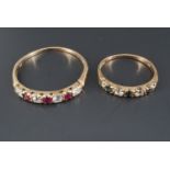 Two gem-set 9 ct gold half hoop rings, 3.5 g