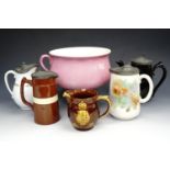 Four Victorian lidded jugs together with a pink chamber pot etc