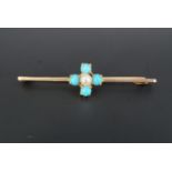 An early 20th Century turquoise and pearl bar brooch, comprising four cabochons claw set around a