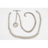 Graduated curb link silver Albert watch chain, with T-bar and coin fob, Birmingham 1899, along