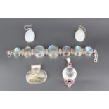 A group of white metal mounted semi-precious gem jewellery including a pair of white jadeite