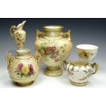 Five items of Royal Worcester blush ivory porcelain, comprising compressed oviform two handled