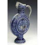 A Westerwald salt glazed stoneware crested moon flask, 28 cm