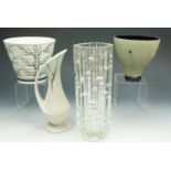 Four items of mid 20th century ceramics and glass, comprising a jug and three vases