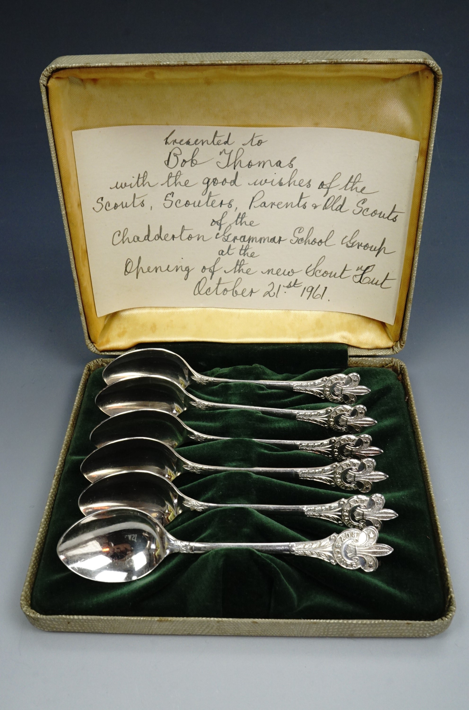 Cased set of six 1950s silver plated teaspoons with Boy Scouts emblem on the terminals, Rexine