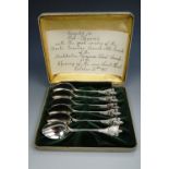 Cased set of six 1950s silver plated teaspoons with Boy Scouts emblem on the terminals, Rexine