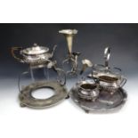 A three piece electroplate tea set, Walker & Hall circular tray, an electroplate epergne etc