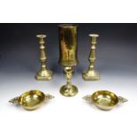 Brassware including a pair of Victorian push-eject candlesticks, 23 cm, a pair of brass quaichs,