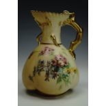 Royal Worcester blush ivory jug with a round body with a lobed base, corral-form handle and shell