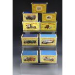 A cased set of six Matchbox models of Yesteryear die-cast cars together with nine boxed models of