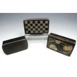 Three ebonised papier-mache snuff boxes.