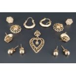 A 9 ct gold filigree heart-shaped pendant together with a number of pairs of earrings, 6.5 g