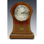 An inlaid mahogany mantle clock, having a later quartz movement, 23 cm
