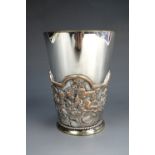 A 19th Century electroplate beaker, relief decorated in depiction of cherubs, 12 cm