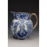 Early 19th century Nelson commemorative jug, blue and white pearlwear with brown highlighted rim and