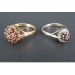 A vintage garnet and diamond cluster ring, the stones set on a silver shank, together with a