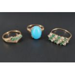 A vintage blue oval cabochon and 9 ct gold ring, together with two other rings set with green and