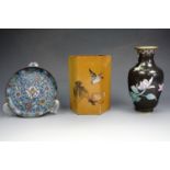 A Chinese cloisonne vase together with a similar standing dish and a Chinese wooden brush pot,