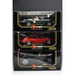 Three Burago Jaguar 1:18 scale die-cast model cars