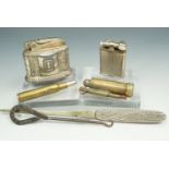 Sundry small collectables including a trench art cigarette lighter and a "bullet" pocket knife, an