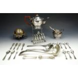 A 1930s Adie Brothers three-piece electroplate tea set, together with electroplate flatware etc