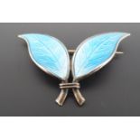 A David Andersen blue basse taille enamelled white metal double leaf brooch, circa 1950, 4 cm