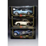Three various Burago 1:18 scale die-cast model cars including a Bugatti Type 59