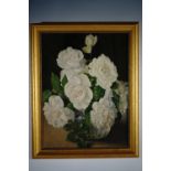 Graystan (believed 1920s, British) Still life, white roses in a glass bowl, oil on board, in later