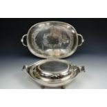 A Mappin & Webb entree dish, together with a similar serving dish and an electroplate tray