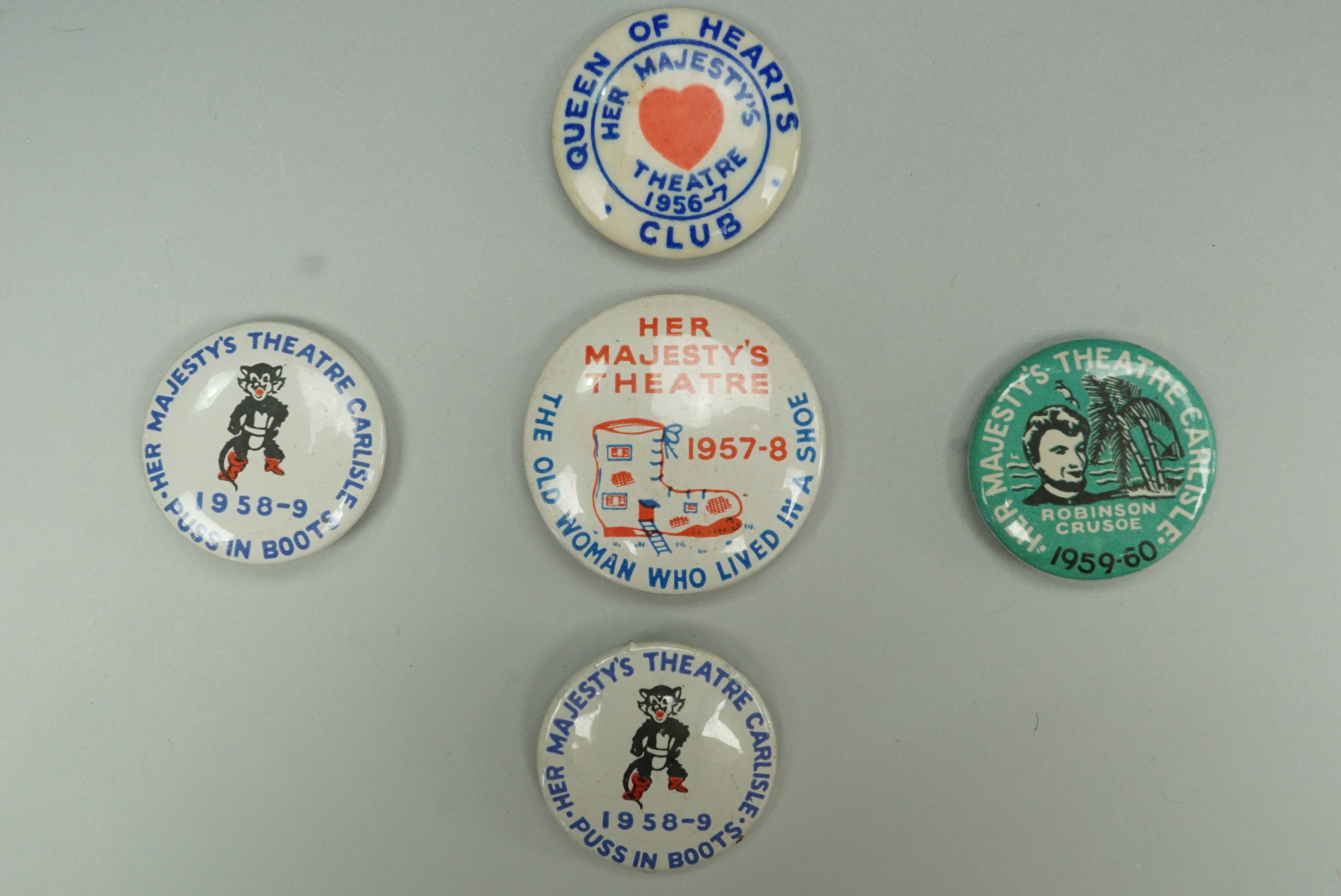 Five 1950s Her Majesty's Theatre Carlisle button badges
