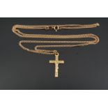 A yellow metal crucifix and 9 ct gold fine curb link neck chain, 23 mm, 56 cm, 4.9 g