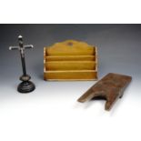 An oak letter rack, a Victorian folding boot jack and crucifix, rack 24 x 16 cm